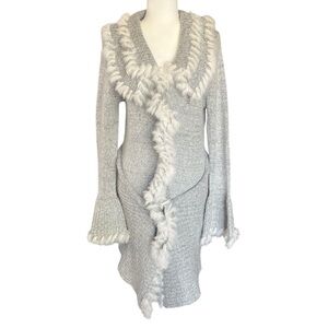 Tempo Paris Rabbit Fur Trim Cardigan Long Boho Fairy Y2K Gray Sweater Womens M/L